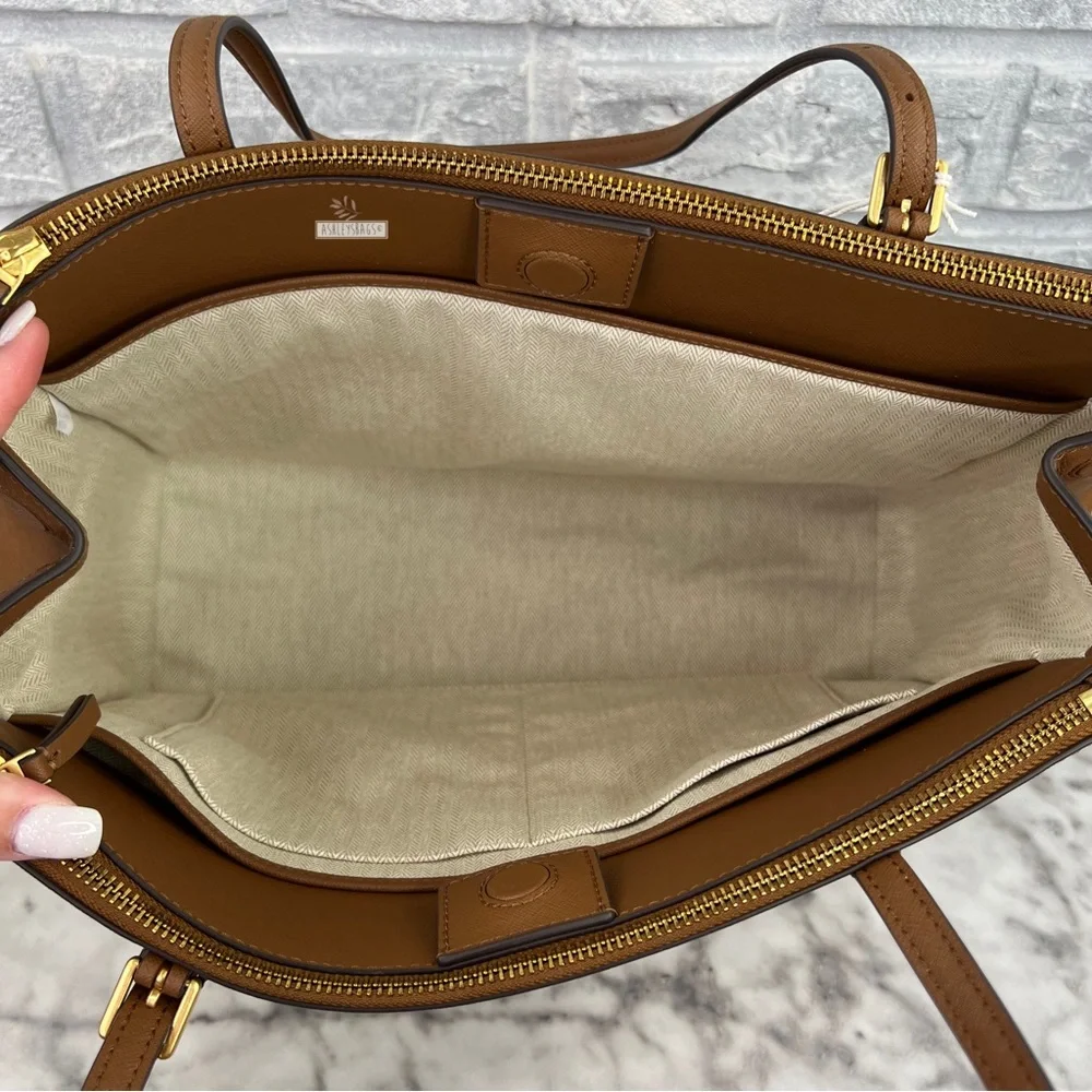 Tory Burch Emerson Large Double Zip Tote & Emerson Slim Wallet In Moose Brown - Picture 7 of 16